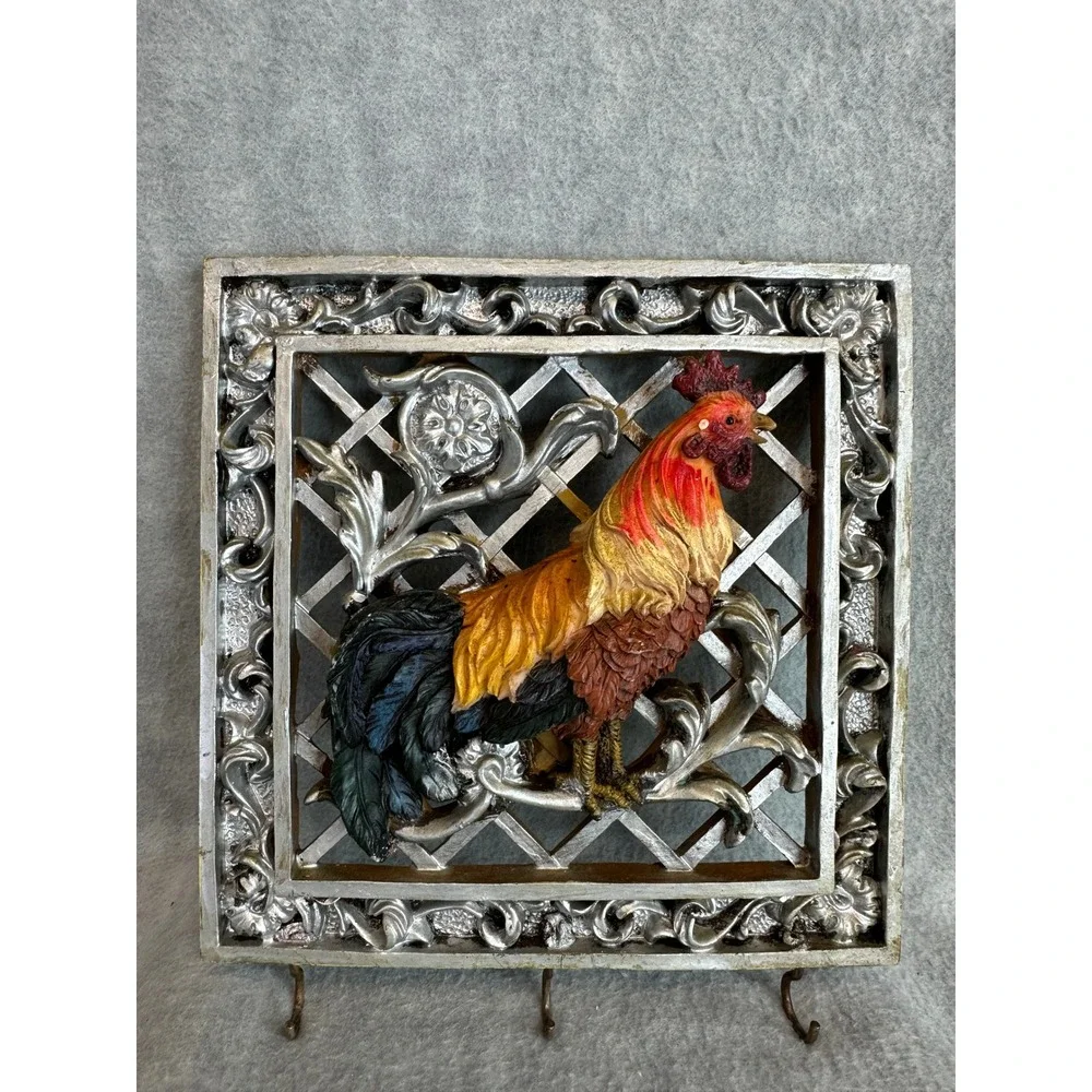 Vintage Rooster 3D Wall Art Key‎ Holder Rack Frame Plaque Rustic Farmhouse Decor